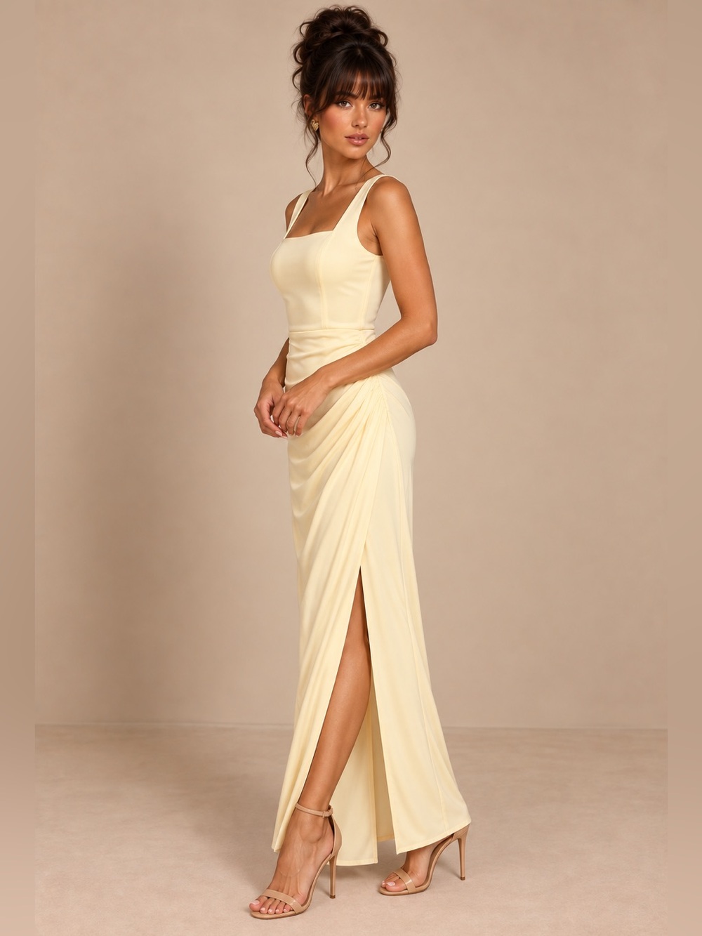 NWT-Glamorous Disposition Light Yellow Ruched Maxi Dress